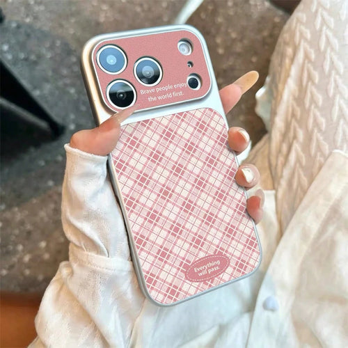 New Minimalist Vegan Leather Pink Plaid English Letter Full Coverage Phone Case Compatible With Iphone 18 Pro Max, 13, 16, 15, 16 Pro, 14 Plus, Air, Anti-Drop Soft Cover, Cartoon Design, Unisex