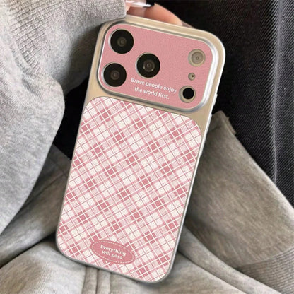 New Minimalist Vegan Leather Pink Plaid English Letter Full Coverage Phone Case Compatible With Iphone 18 Pro Max, 13, 16, 15, 16 Pro, 14 Plus, Air, Anti-Drop Soft Cover, Cartoon Design, Unisex