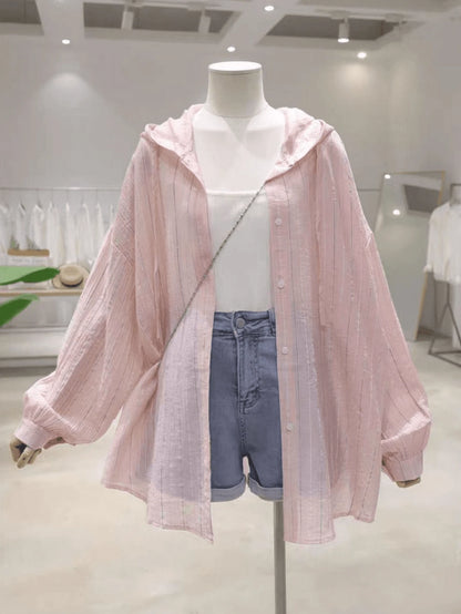 New Pink Casual Hooded Women's Shirt, And, Loose Fit For Summer Travel, Holiday And Party, Semi-Sheer Versatile Long Sleeve Blouse Vacation