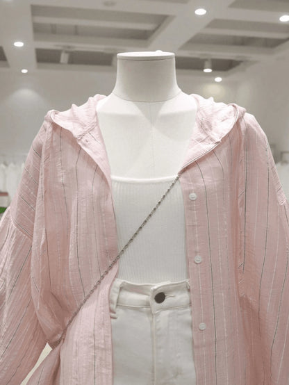 New Pink Casual Hooded Women's Shirt, And, Loose Fit For Summer Travel, Holiday And Party, Semi-Sheer Versatile Long Sleeve Blouse Vacation