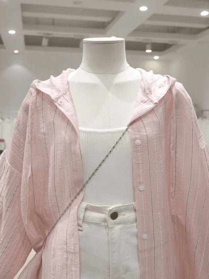 New Pink Casual Hooded Women's Shirt, And, Loose Fit For Summer Travel, Holiday And Party, Semi-Sheer Versatile Long Sleeve Blouse Vacation