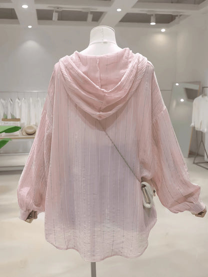 New Pink Casual Hooded Women's Shirt, And, Loose Fit For Summer Travel, Holiday And Party, Semi-Sheer Versatile Long Sleeve Blouse Vacation