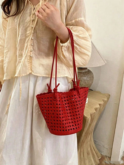 New Plaid Woven Bucket Bag, Fashionable Versatile Handheld Shoulder Bag, Commuter Essential, Work To Weekend