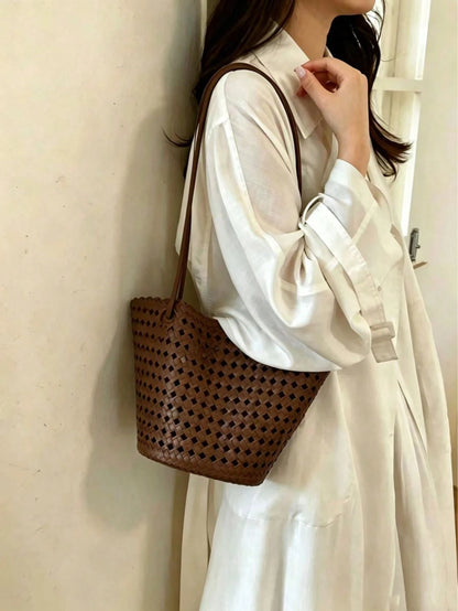 New Plaid Woven Bucket Bag, Fashionable Versatile Handheld Shoulder Bag, Commuter Essential, Work To Weekend