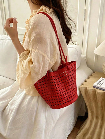 New Plaid Woven Bucket Bag, Fashionable Versatile Handheld Shoulder Bag, Commuter Essential, Work To Weekend