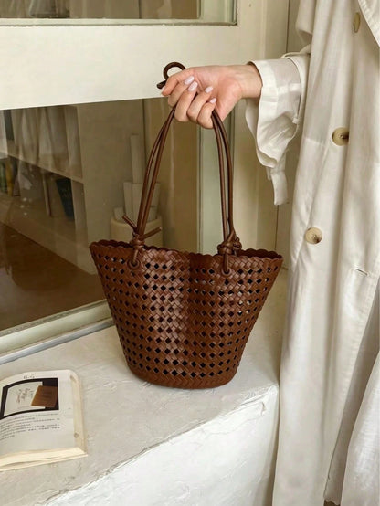 New Plaid Woven Bucket Bag, Fashionable Versatile Handheld Shoulder Bag, Commuter Essential, Work To Weekend