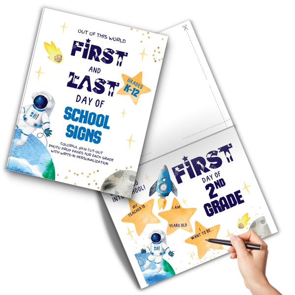 Buy Now on Amazon - Printed Book with First Day of School and Last Day of School signs - Space theme design