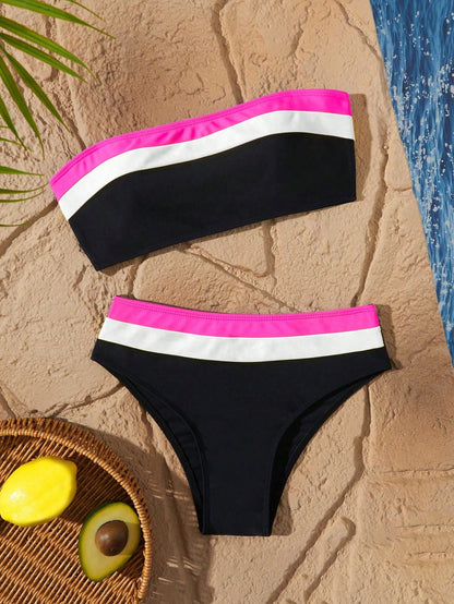 New Resort Party Beach Patchwork Bandeau Split Bikini Swimwear For Women Vacation Summer
