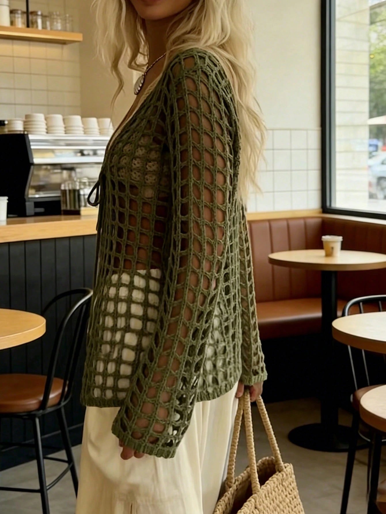 New Spring/Summer Women's Vacation, Military Green Hollow Mesh Knit Cover Up, Deep V-Neck Tie Design Long Sleeve Loose Fishnet Texture Fashion Forward Vacation Beach Music Festival Layering Casual Hol