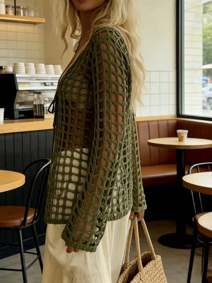 New Spring/Summer Women's Vacation, Military Green Hollow Mesh Knit Cover Up, Deep V-Neck Tie Design Long Sleeve Loose Fishnet Texture Fashion Forward Vacation Beach Music Festival Layering Casual Hol
