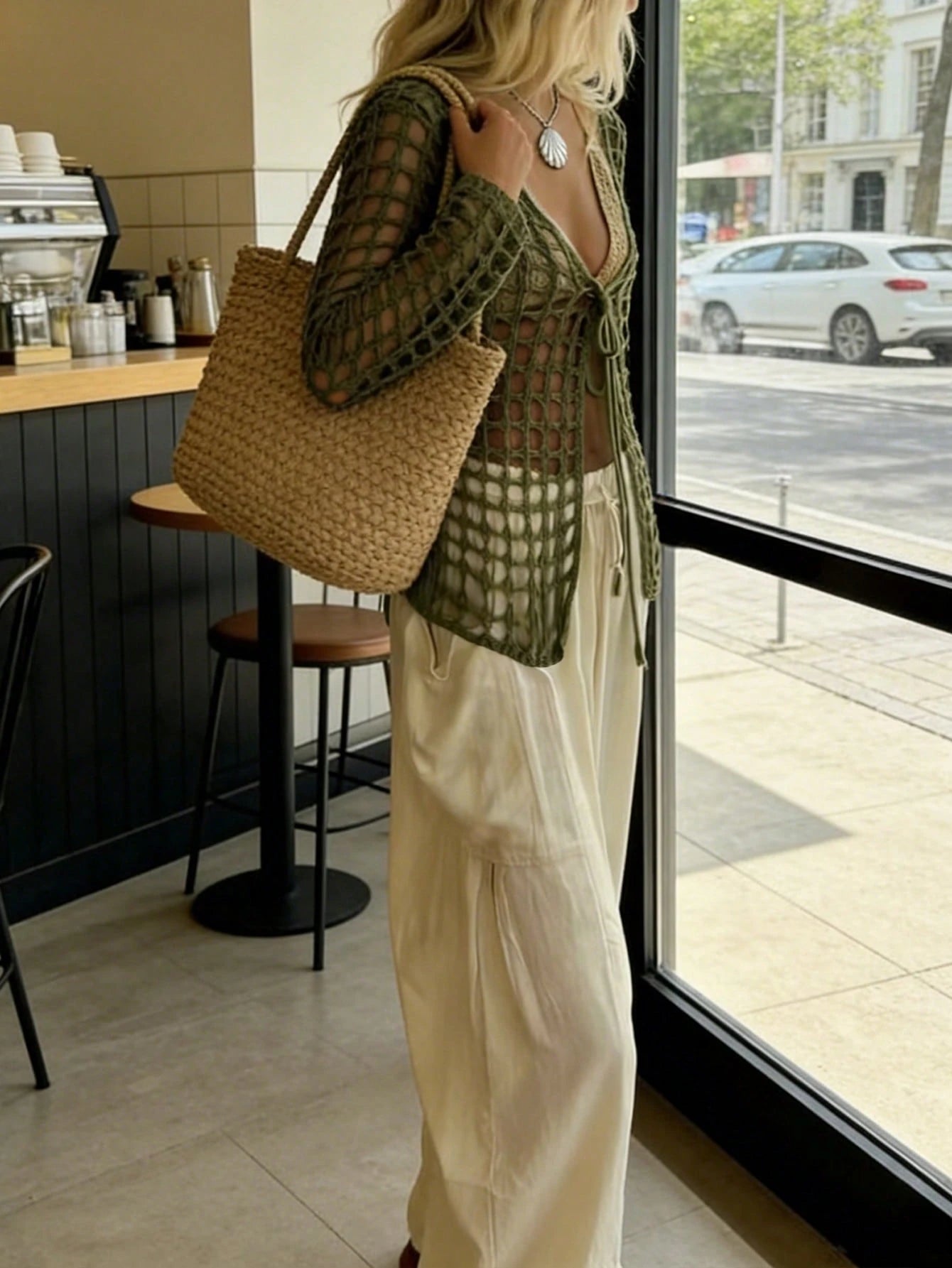 New Spring/Summer Women's Vacation, Military Green Hollow Mesh Knit Cover Up, Deep V-Neck Tie Design Long Sleeve Loose Fishnet Texture Fashion Forward Vacation Beach Music Festival Layering Casual Hol