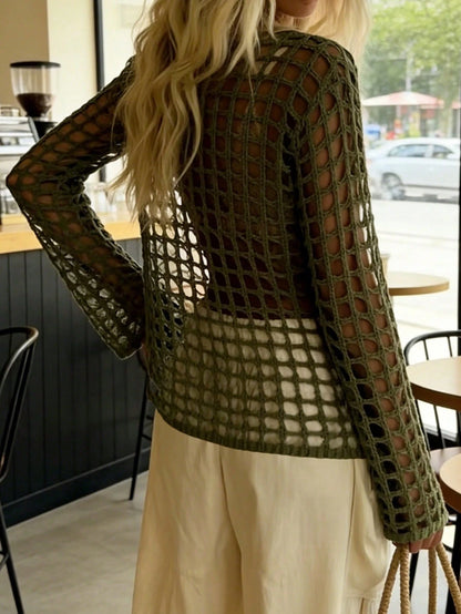 New Spring/Summer Women's Vacation, Military Green Hollow Mesh Knit Cover Up, Deep V-Neck Tie Design Long Sleeve Loose Fishnet Texture Fashion Forward Vacation Beach Music Festival Layering Casual Hol