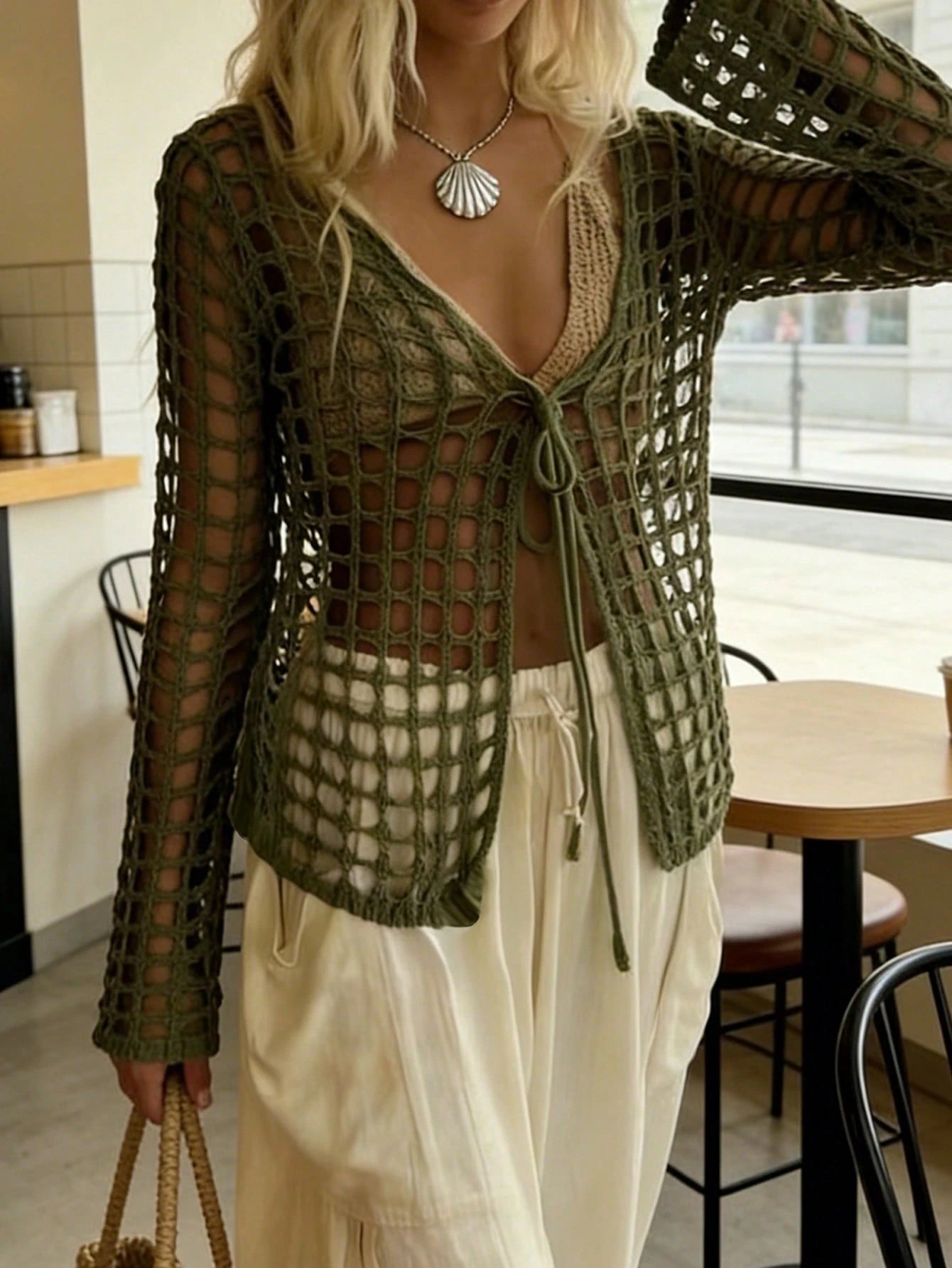 New Spring/Summer Women's Vacation, Military Green Hollow Mesh Knit Cover Up, Deep V-Neck Tie Design Long Sleeve Loose Fishnet Texture Fashion Forward Vacation Beach Music Festival Layering Casual Hol
