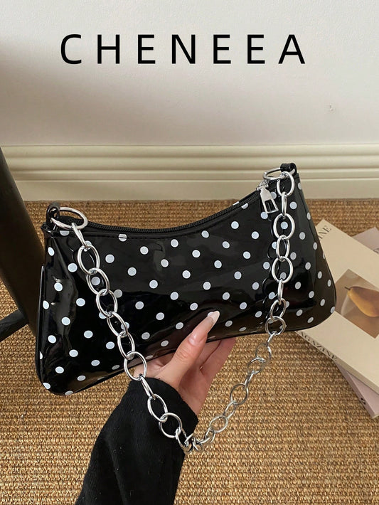 New Vintage Fashionable Polka Dot Print Envelope Bag For Spring/Summer, Zipper Closure, Metal Chain, Small Capacity Soft Shoulder Underarm Bag