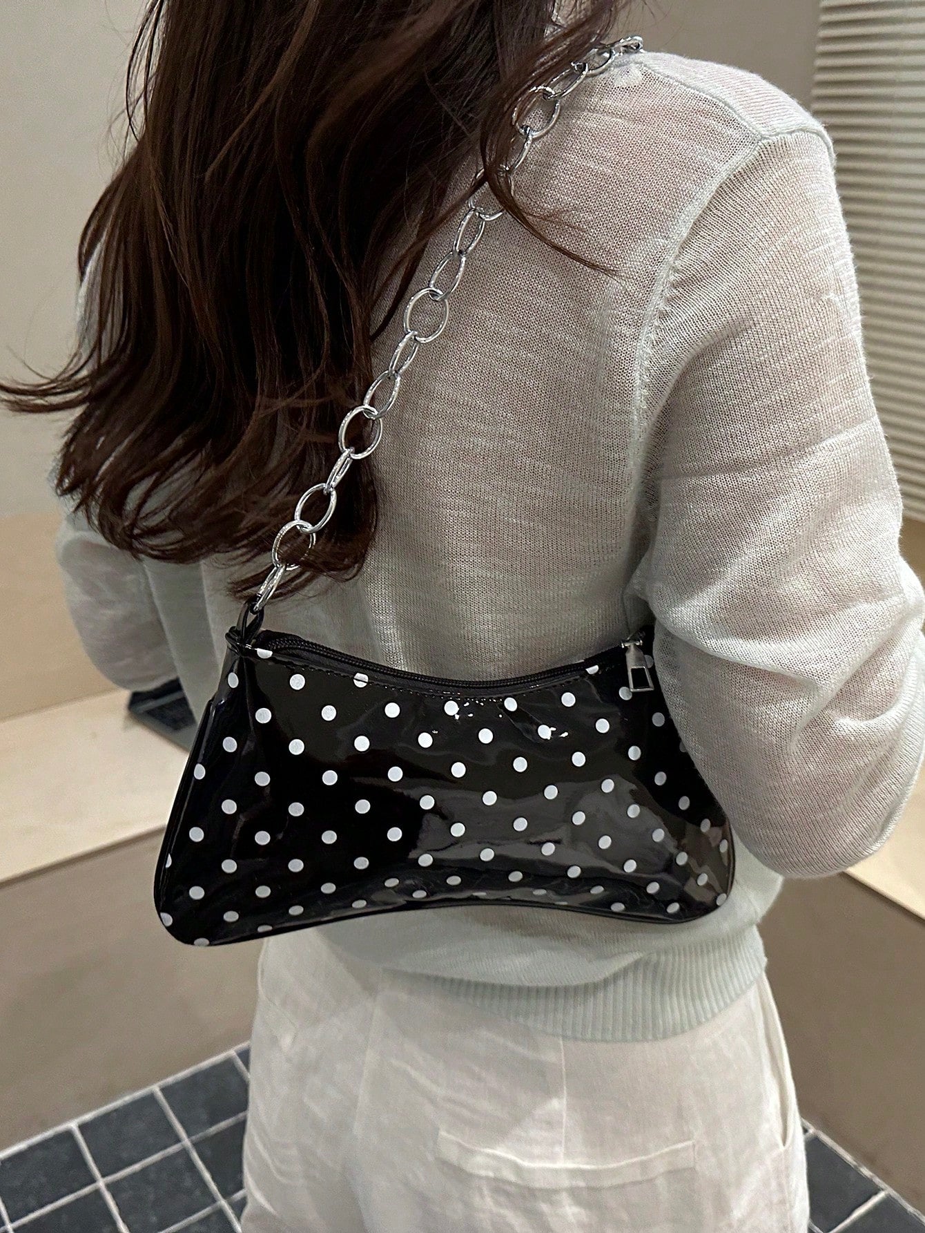 New Vintage Fashionable Polka Dot Print Envelope Bag For Spring/Summer, Zipper Closure, Metal Chain, Small Capacity Soft Shoulder Underarm Bag