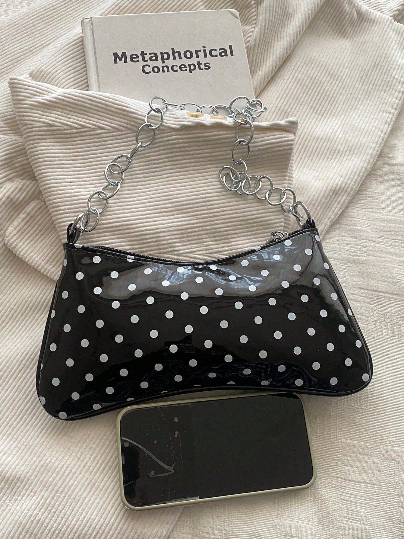New Vintage Fashionable Polka Dot Print Envelope Bag For Spring/Summer, Zipper Closure, Metal Chain, Small Capacity Soft Shoulder Underarm Bag