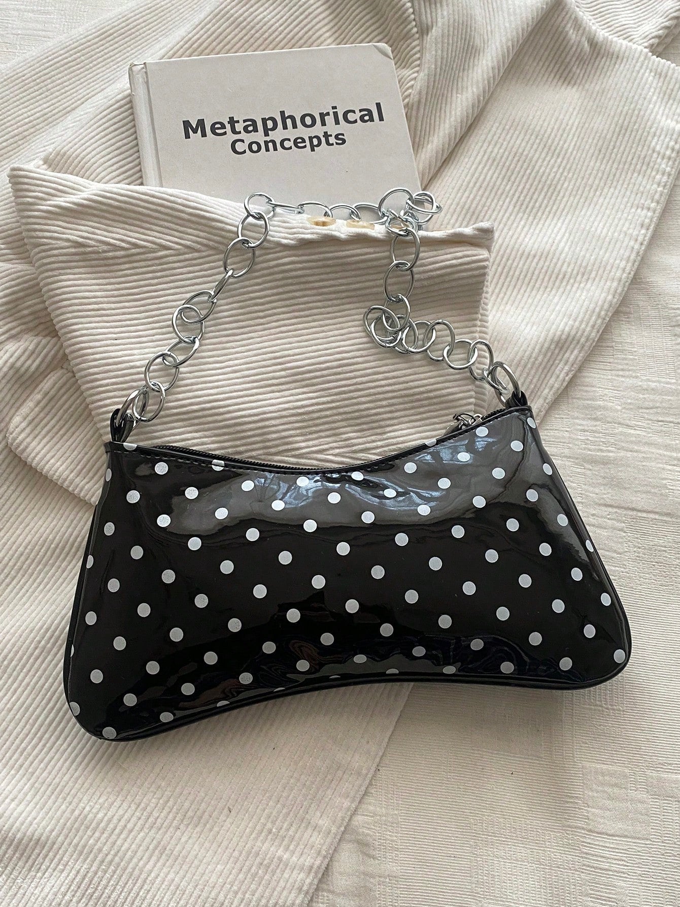 New Vintage Fashionable Polka Dot Print Envelope Bag For Spring/Summer, Zipper Closure, Metal Chain, Small Capacity Soft Shoulder Underarm Bag