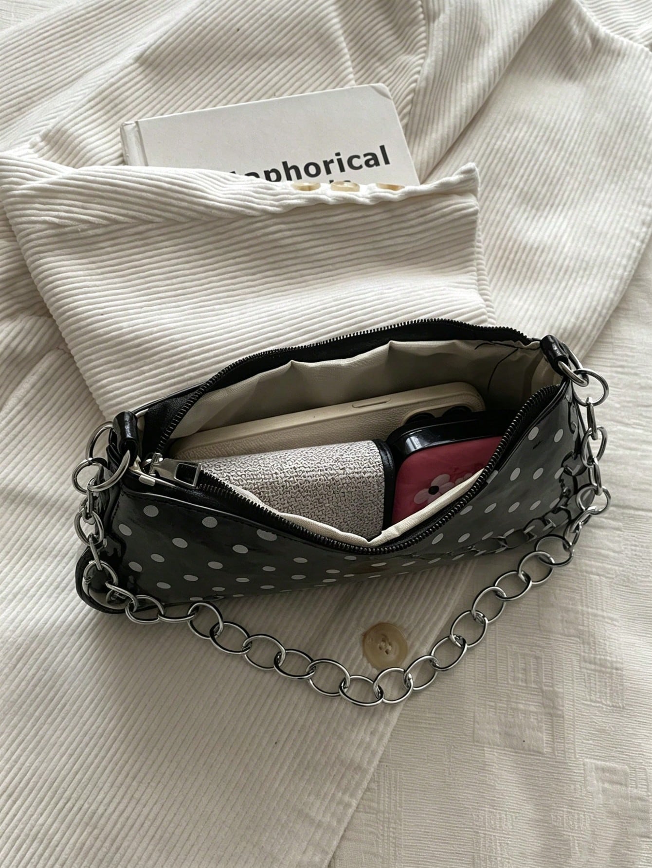 New Vintage Fashionable Polka Dot Print Envelope Bag For Spring/Summer, Zipper Closure, Metal Chain, Small Capacity Soft Shoulder Underarm Bag