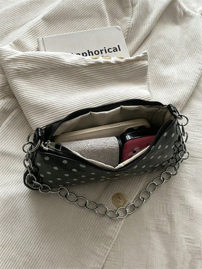 New Vintage Fashionable Polka Dot Print Envelope Bag For Spring/Summer, Zipper Closure, Metal Chain, Small Capacity Soft Shoulder Underarm Bag