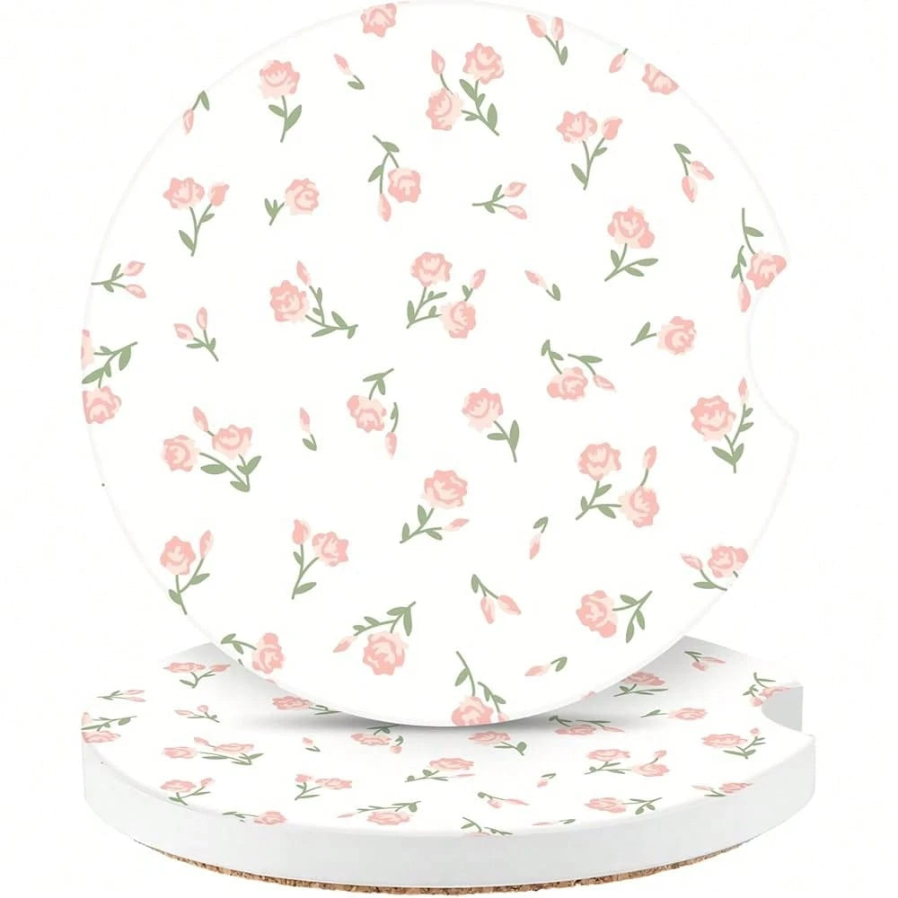NEW- Vintage Flowers Car Coasters,Absorbent 2 Pack For Cup Holders With Finger Notch,2.56 Inches Ceramics Heat Resistant Anti Slip Cork Base Car Drinks Coasters Auto Cup Holder