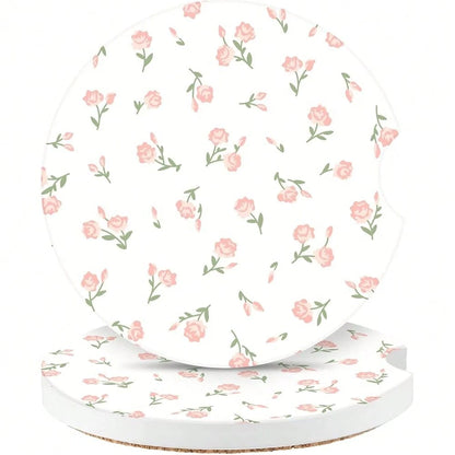 NEW- Vintage Flowers Car Coasters,Absorbent 2 Pack For Cup Holders With Finger Notch,2.56 Inches Ceramics Heat Resistant Anti Slip Cork Base Car Drinks Coasters Auto Cup Holder