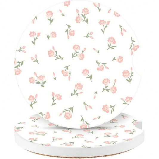 NEW- Vintage Flowers Car Coasters,Absorbent 2 Pack For Cup Holders With Finger Notch,2.56 Inches Ceramics Heat Resistant Anti Slip Cork Base Car Drinks Coasters Auto Cup Holder