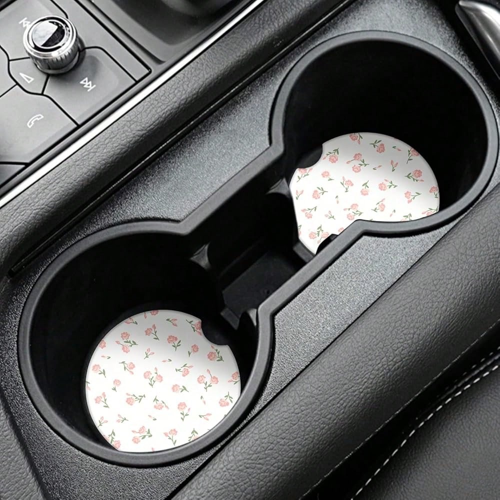 NEW- Vintage Flowers Car Coasters,Absorbent 2 Pack For Cup Holders With Finger Notch,2.56 Inches Ceramics Heat Resistant Anti Slip Cork Base Car Drinks Coasters Auto Cup Holder
