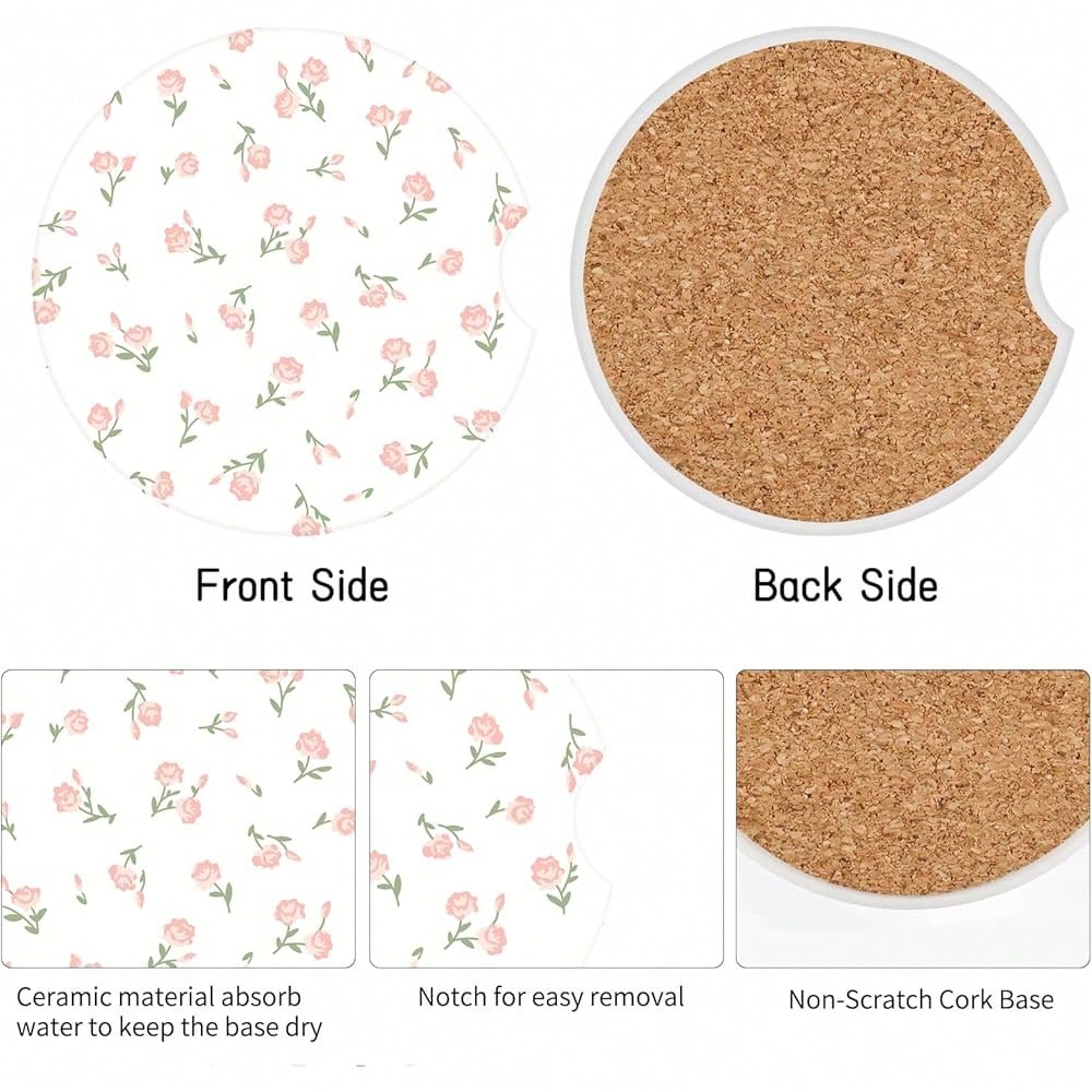 NEW- Vintage Flowers Car Coasters,Absorbent 2 Pack For Cup Holders With Finger Notch,2.56 Inches Ceramics Heat Resistant Anti Slip Cork Base Car Drinks Coasters Auto Cup Holder