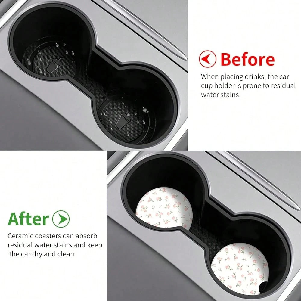 NEW- Vintage Flowers Car Coasters,Absorbent 2 Pack For Cup Holders With Finger Notch,2.56 Inches Ceramics Heat Resistant Anti Slip Cork Base Car Drinks Coasters Auto Cup Holder