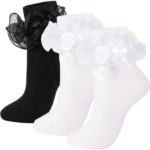 NEW- Women's Big Ruffle Socks Double Lace With Bows (Size 5-11, 3 Pairs)