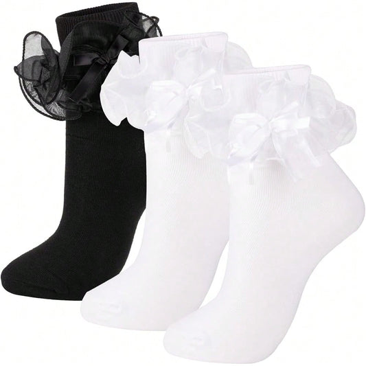 NEW- Women's Big Ruffle Socks Double Lace With Bows (Size 5-11, 3 Pairs)