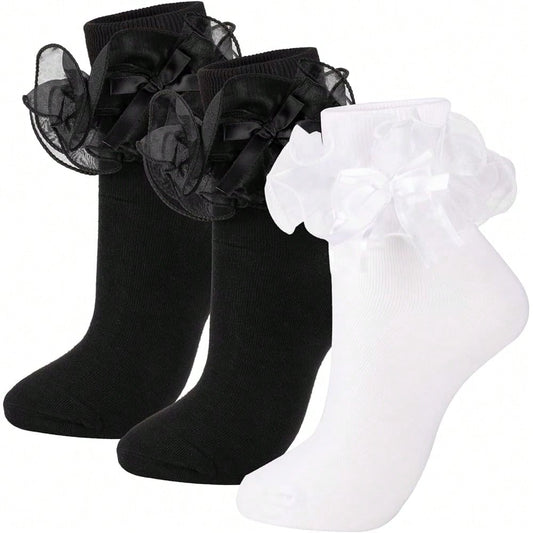 NEW- Women's Big Ruffle Socks Double Lace With Bows (Size 5-11, 3 Pairs)