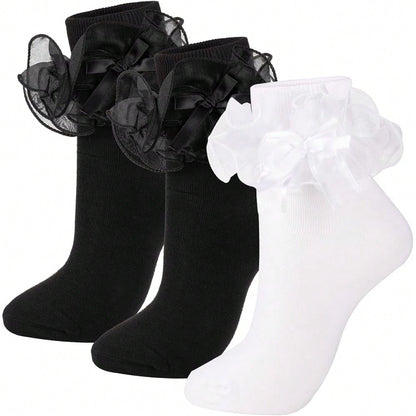 NEW- Women's Big Ruffle Socks Double Lace With Bows (Size 5-11, 3 Pairs)