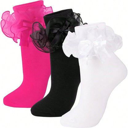 NEW- Women's Big Ruffle Socks Double Lace With Bows (Size 5-11, 3 Pairs)