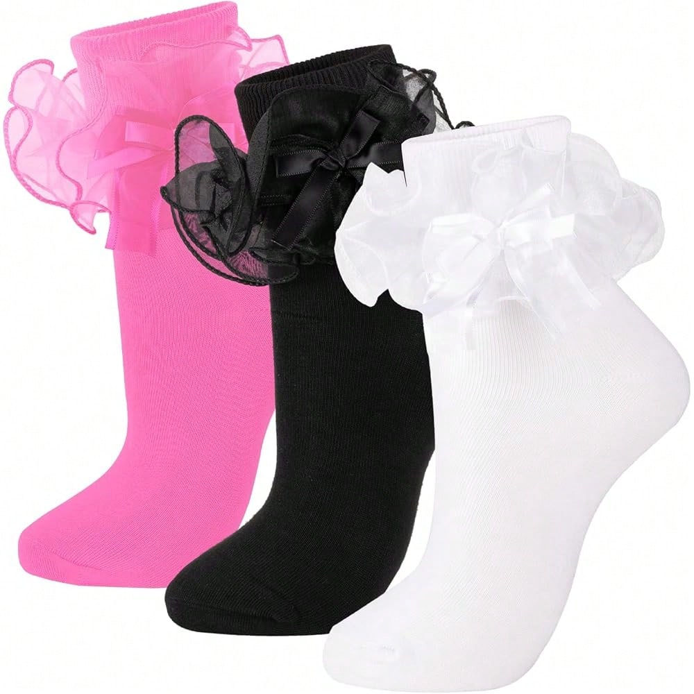 NEW- Women's Big Ruffle Socks Double Lace With Bows (Size 5-11, 3 Pairs)