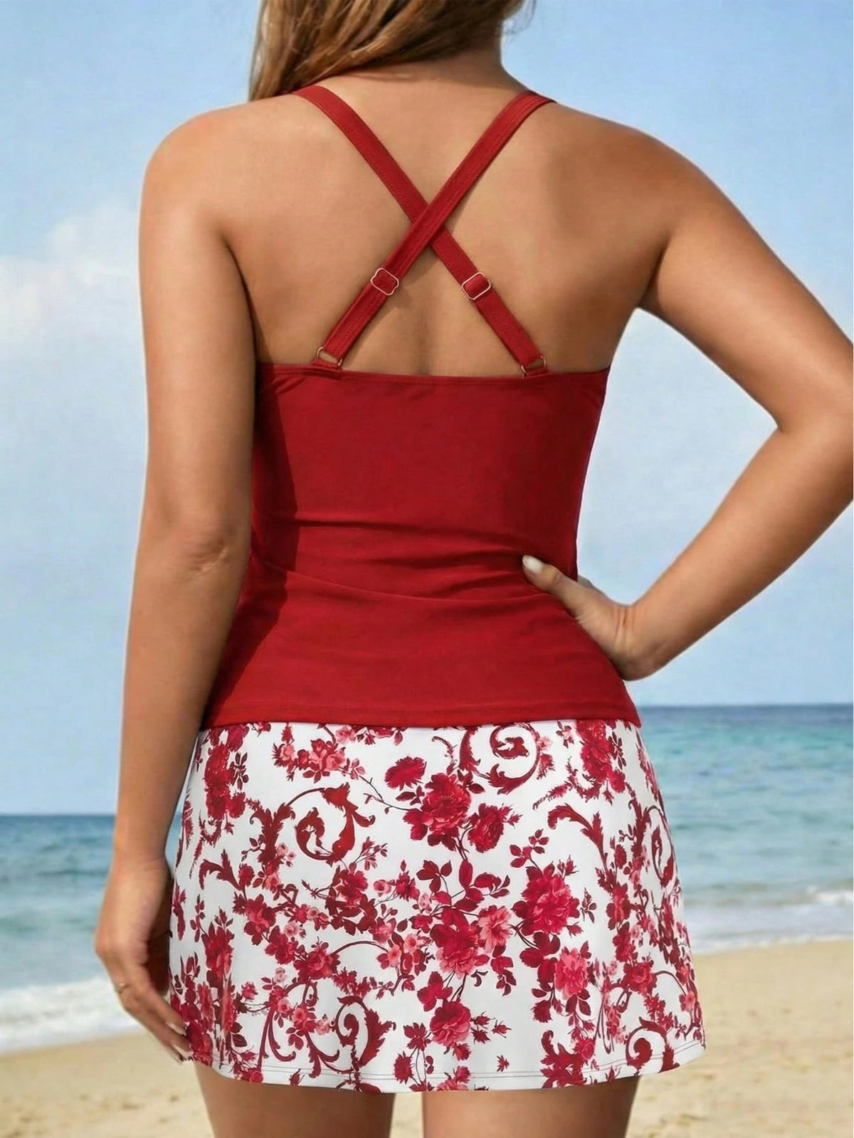 New Women's Swimsuit Set With Cross-Back Straps, Fashionable Printed Short Skirt, And Two-Piece Design.