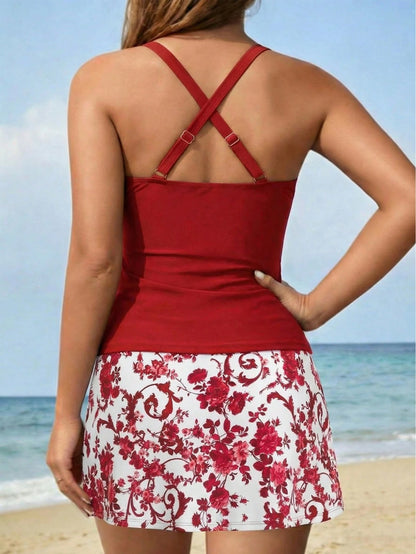 New Women's Swimsuit Set With Cross-Back Straps, Fashionable Printed Short Skirt, And Two-Piece Design.