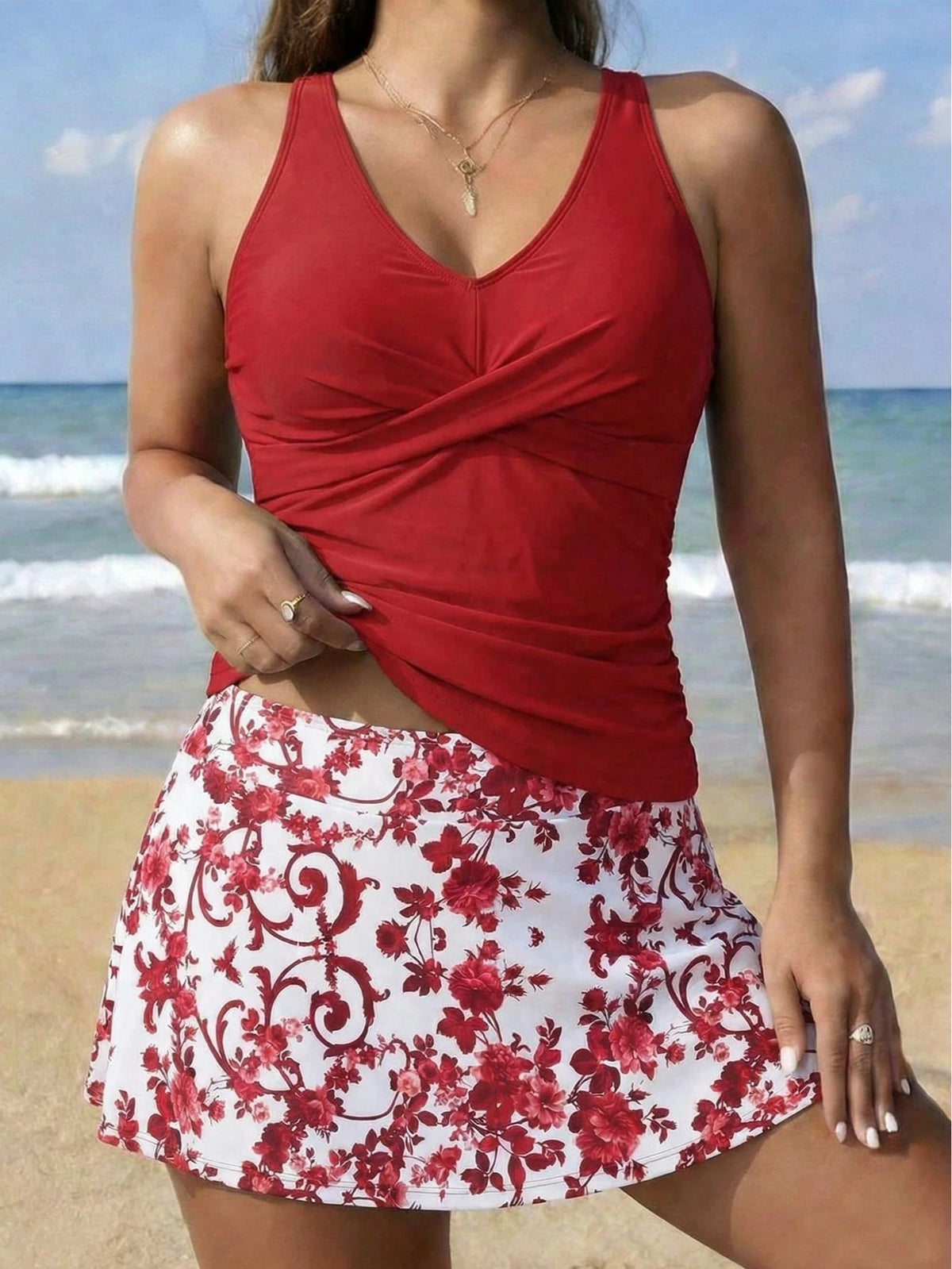 New Women's Swimsuit Set With Cross-Back Straps, Fashionable Printed Short Skirt, And Two-Piece Design.