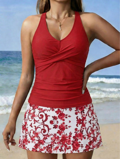 New Women's Swimsuit Set With Cross-Back Straps, Fashionable Printed Short Skirt, And Two-Piece Design.