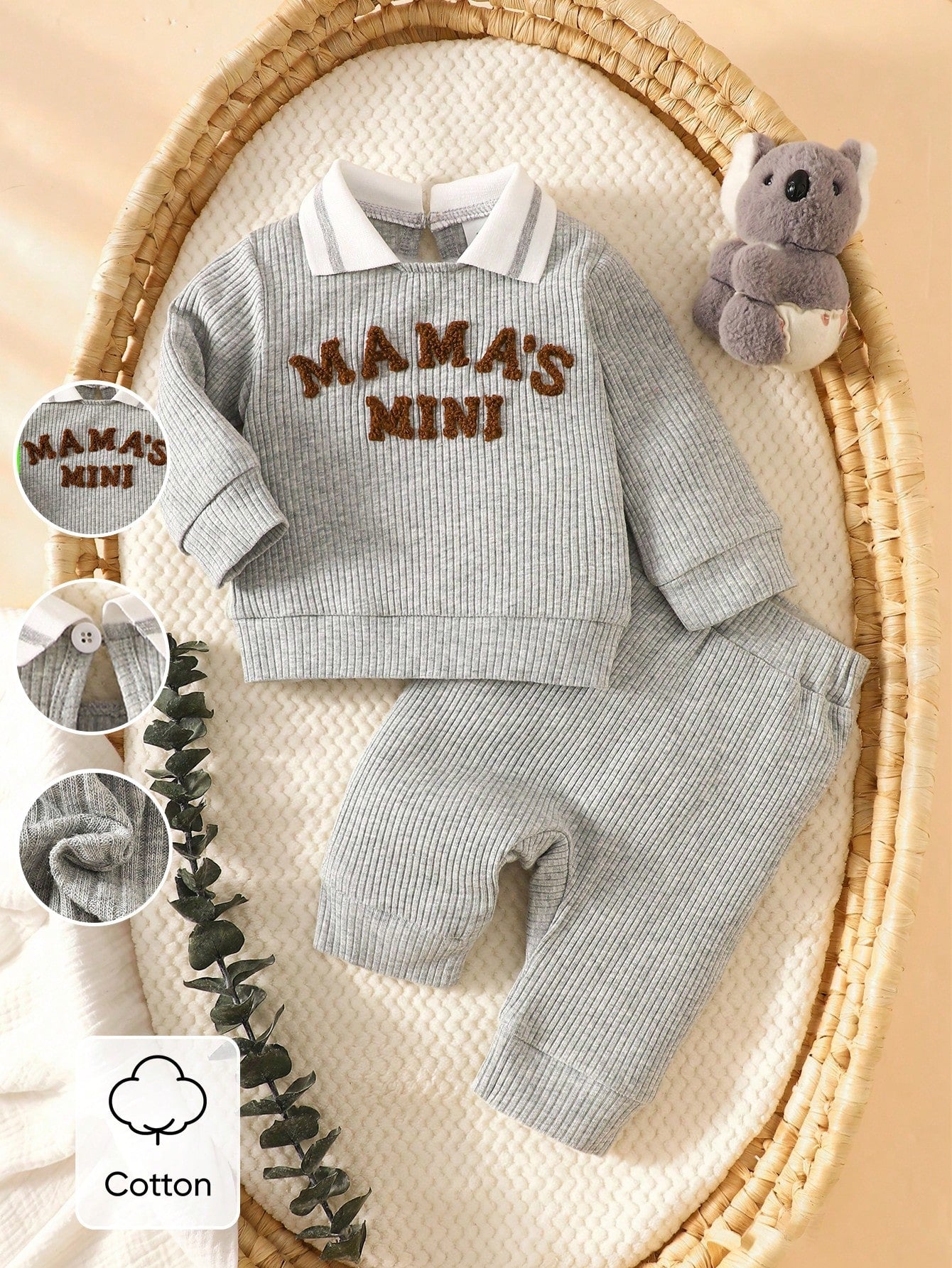 Newborn Baby Boy Autumn/Winter Gray Long Sleeve Set, White Polo Collar, 3D Towel Embroidery Letter Pattern, Gray Casual Long Pants, Soft And Comfortable Fabric, Fashion Casual Style, Suitable Fo