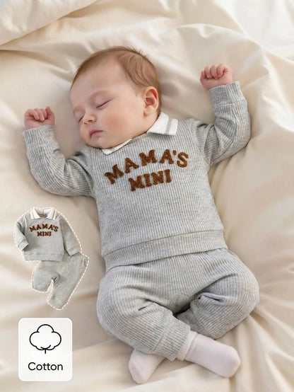 Newborn Baby Boy Autumn/Winter Gray Long Sleeve Set, White Polo Collar, 3D Towel Embroidery Letter Pattern, Gray Casual Long Pants, Soft And Comfortable Fabric, Fashion Casual Style, Suitable Fo