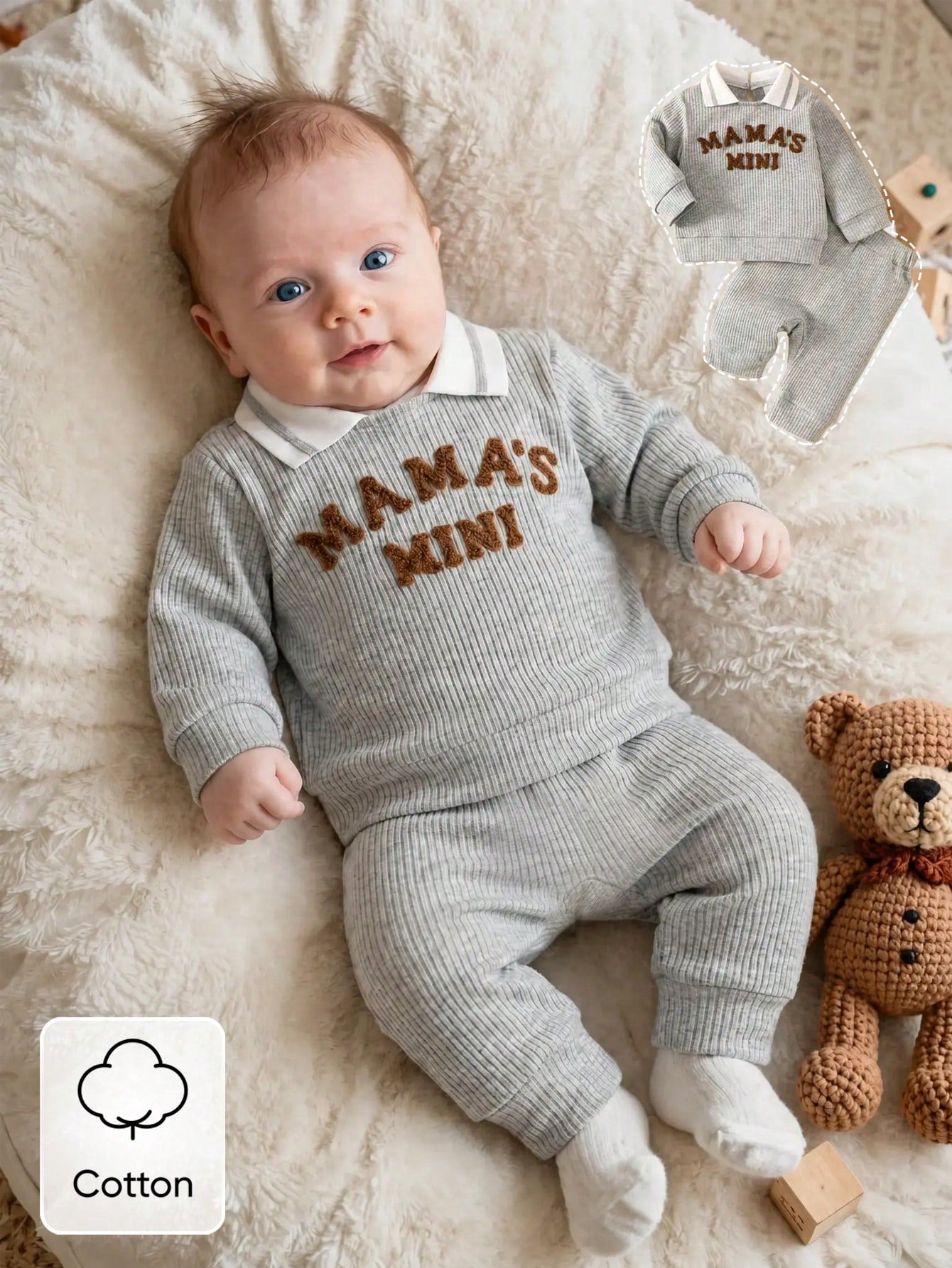 Newborn Baby Boy Autumn/Winter Gray Long Sleeve Set, White Polo Collar, 3D Towel Embroidery Letter Pattern, Gray Casual Long Pants, Soft And Comfortable Fabric, Fashion Casual Style, Suitable Fo