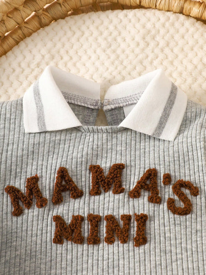 Newborn Baby Boy Autumn/Winter Gray Long Sleeve Set, White Polo Collar, 3D Towel Embroidery Letter Pattern, Gray Casual Long Pants, Soft And Comfortable Fabric, Fashion Casual Style, Suitable Fo