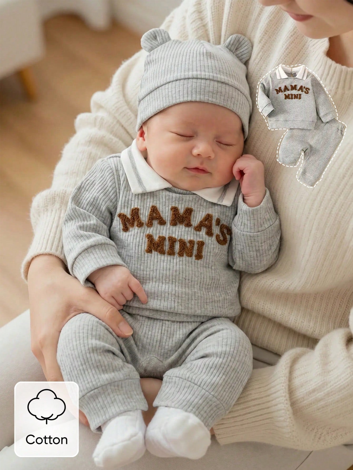 Newborn Baby Boy Autumn/Winter Gray Long Sleeve Set, White Polo Collar, 3D Towel Embroidery Letter Pattern, Gray Casual Long Pants, Soft And Comfortable Fabric, Fashion Casual Style, Suitable Fo