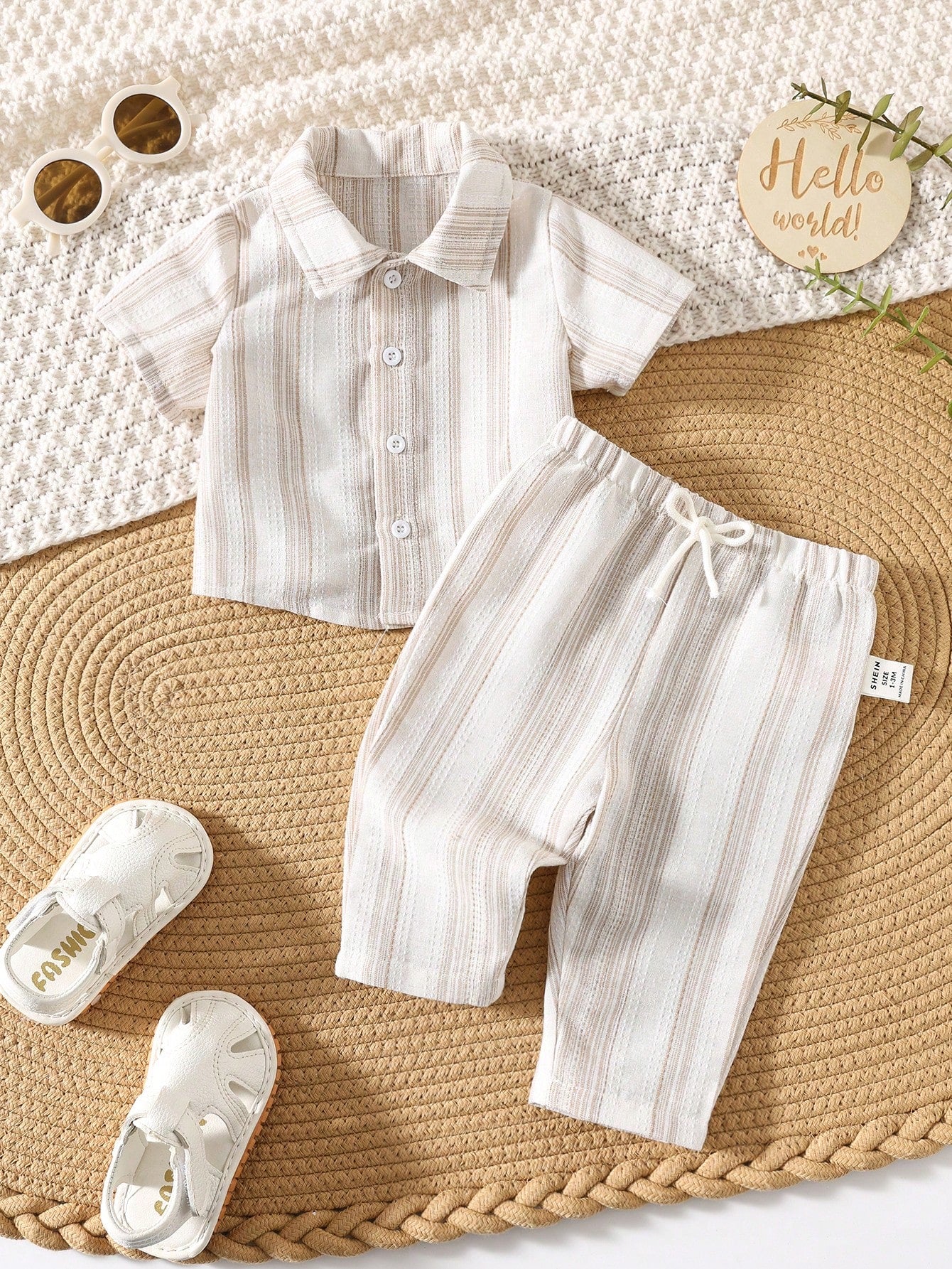 Newborn Baby Boy Casual Striped Short Sleeve Shirt & Elastic Waist Pants 2 Pieces Set, Summer