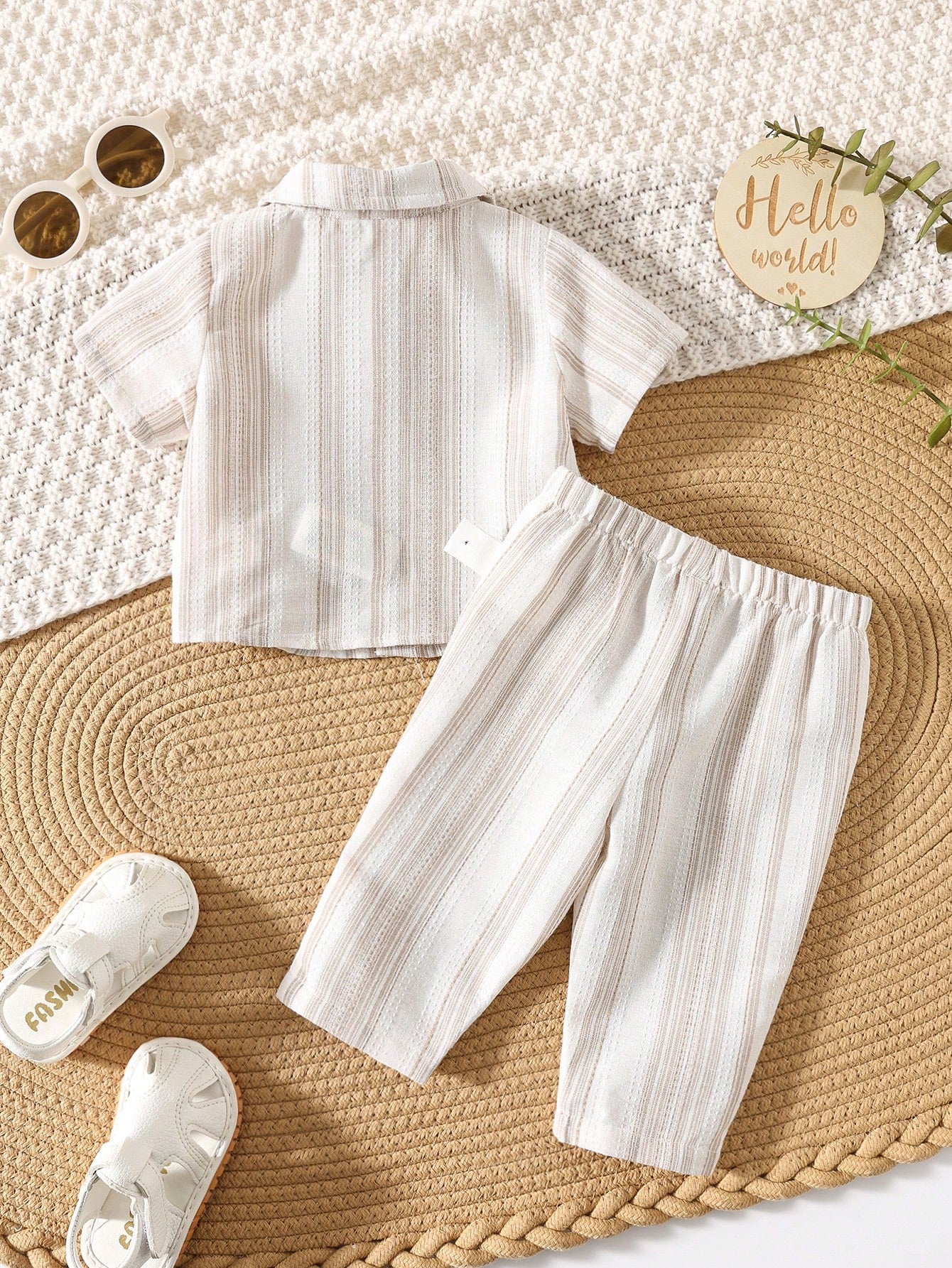 Newborn Baby Boy Casual Striped Short Sleeve Shirt & Elastic Waist Pants 2 Pieces Set, Summer