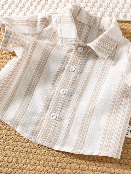 Newborn Baby Boy Casual Striped Short Sleeve Shirt & Elastic Waist Pants 2 Pieces Set, Summer