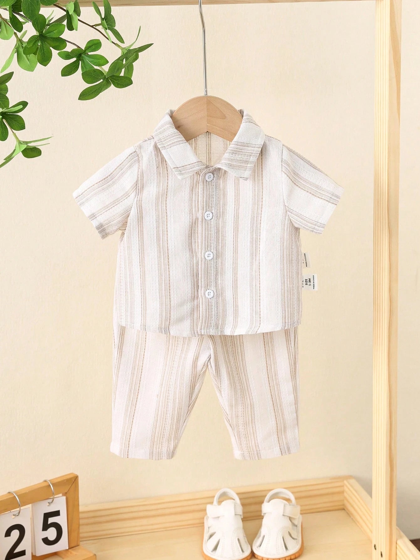 Newborn Baby Boy Casual Striped Short Sleeve Shirt & Elastic Waist Pants 2 Pieces Set, Summer