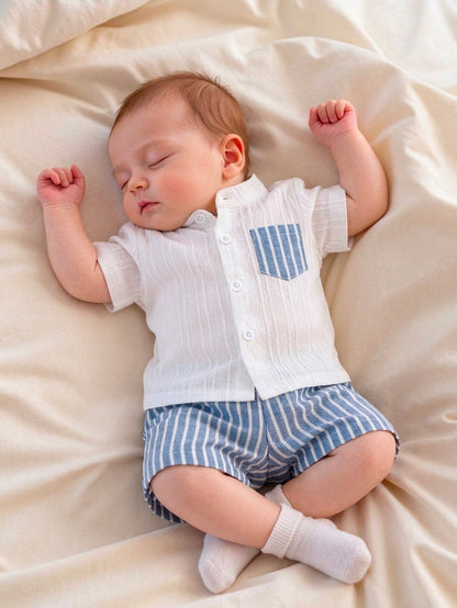 Newborn Baby Boy Gentleman Style Short Sleeve Outfit, Minimalist Artistic Casual Summer Wear For Infants
