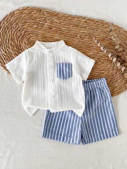 Newborn Baby Boy Gentleman Style Short Sleeve Outfit, Minimalist Artistic Casual Summer Wear For Infants